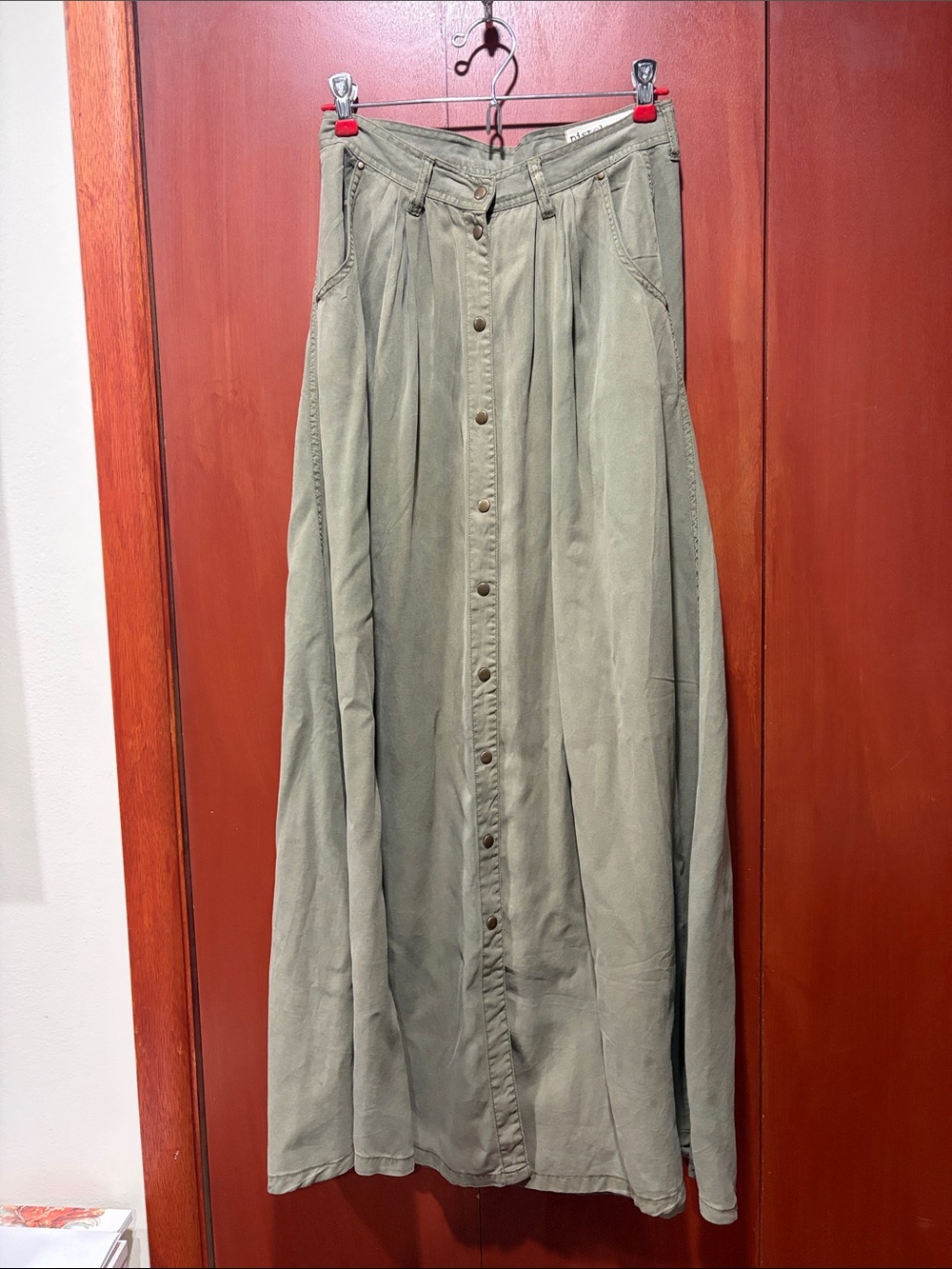 Pistola Olive Green Snap-Front Maxi A-line Skirt